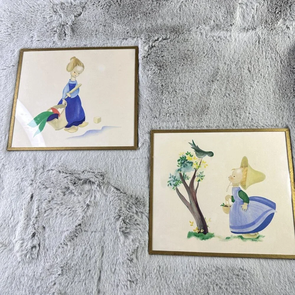 Vintage Josette Boland Framed‎ Prints Dutch Children Chores Bird in Tree MCM